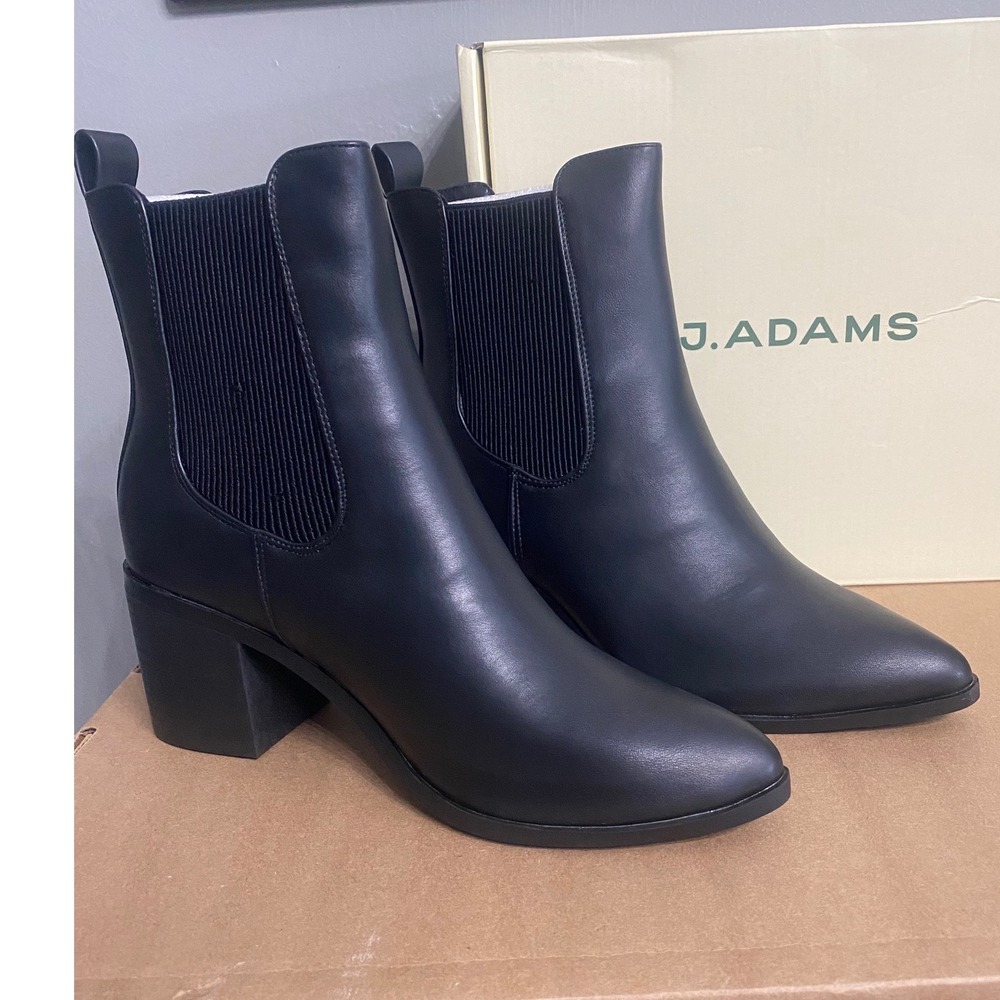 J. Adams‎ Andi Black Chelsea Boots Block Heel Pointed Toe Vegan Leather 7